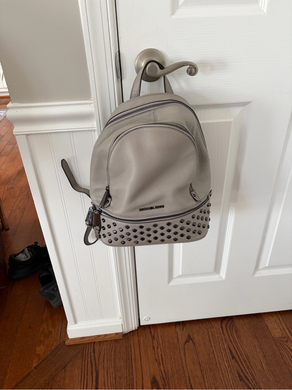 Michael Kors Light Gray Studded Pebbled Leather Mini Backpack
